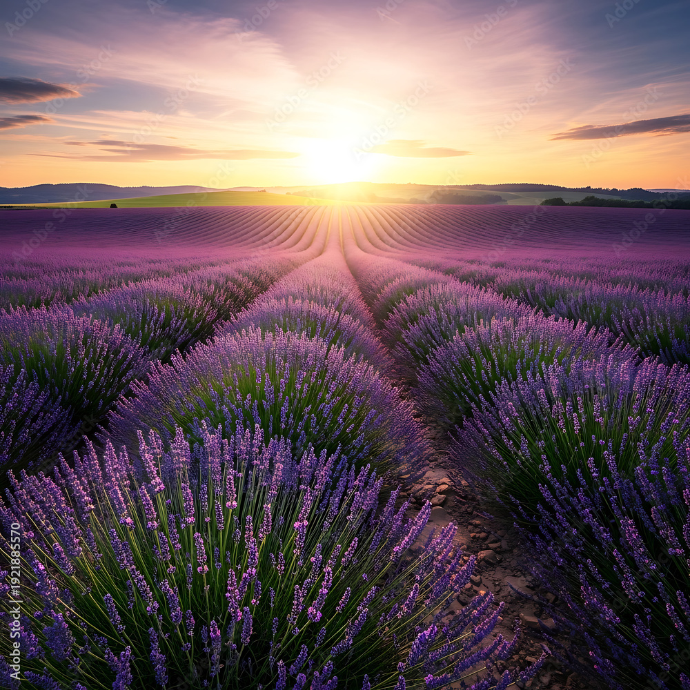 Obraz premium Enchanting lavender fields bloom under a breathtaking golden sunset, casting a vibrant purple glow across the serene summer landscape