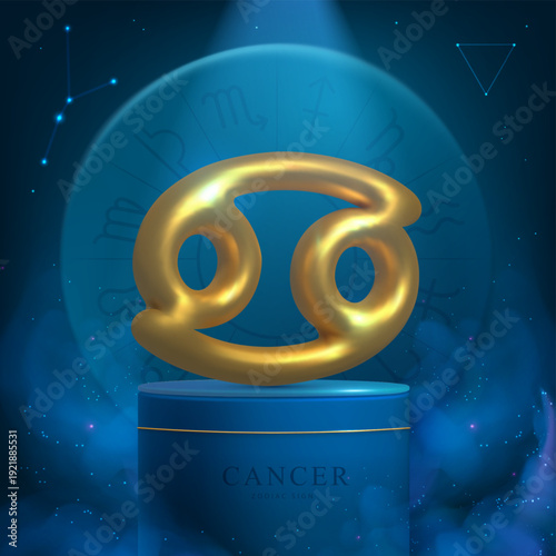 Magic blue showcase background with 3d podium and golden astrology Cancer zodiac sign. Astrology wheel. Vector illustration