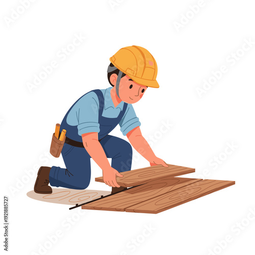 Construction worker aligning laminate floor boards during installation