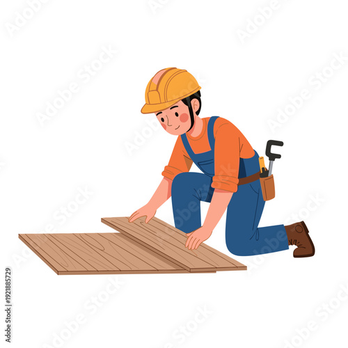 Construction worker installing laminate flooring during home renovation