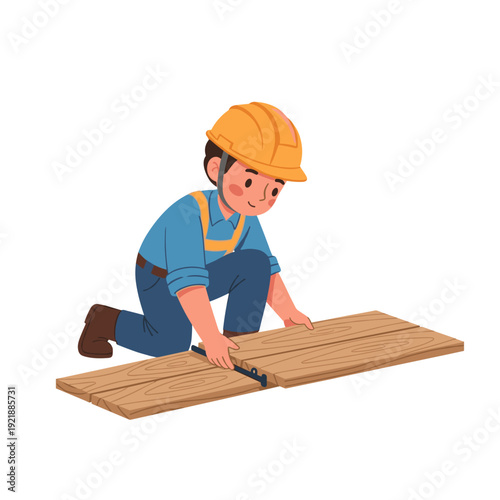 Construction worker laying laminate flooring boards by hand