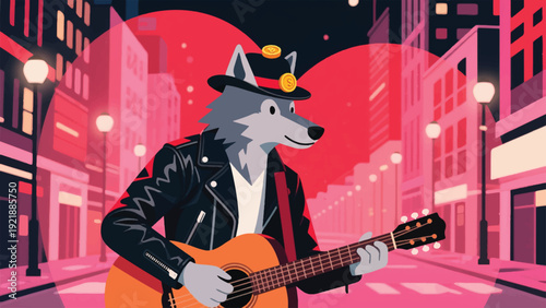 Illustration Of A Wolf Wearing A Leather Jacket, Playing An Acoustic Guitar On A Night City Street, City Lights And Coins In A Hat Vector Design Template