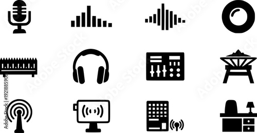 Professional audio equipment and technology icons for music and broadcasting