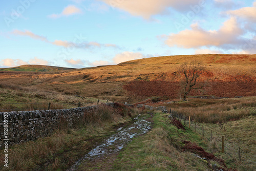 Countryside track through Peak District National Park; muddy Derbyshire landscape with autumn colours on rolling hills at sunset, golden hour on hiking path with dry stone walls under blue sky