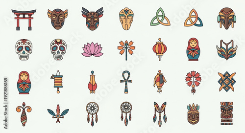 Collection of diverse cultural symbols and icons.