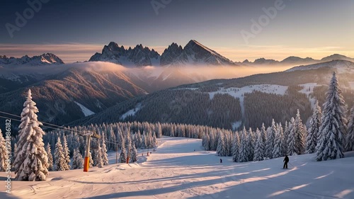 Snowy Mountain Valley Scene with Pine Forest at Sunset and Distant Peaks.