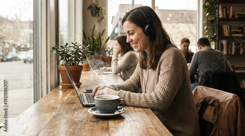 A focused woman wearing headphones works on a laptop at a sunlit cafe counter, sipping coffee, surrounded by plants and other customers, creating a productive remote work vibe