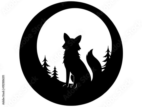 Ein sitzender Fuchs eingerahmt von einer runden Mondform. Ruhiges, elegantes Naturmotiv.KI Generiert