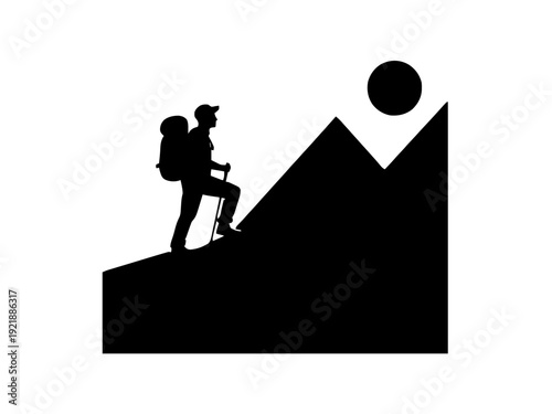 Ein Wanderer mit Rucksack steht auf einem schmalen Grat vor einer Sonne. Abenteuer und Freiheit im Fokus.KI Generiert