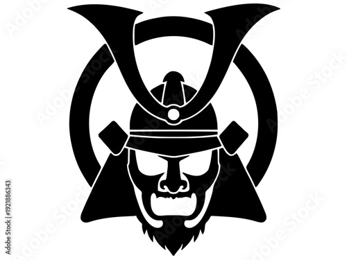 Ein stehender Samurai mit Katana vor einem runden Hintergrund. Kraftvolles, minimalistisches Japan-Motiv.KI Generiert