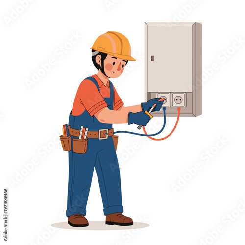 Construction worker installing electrical outlet in wall