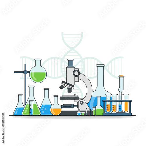 Science Laboratory Equipment, Microscope, DNA, Beakers, Test Tubes, Flasks, Research, Chemistry