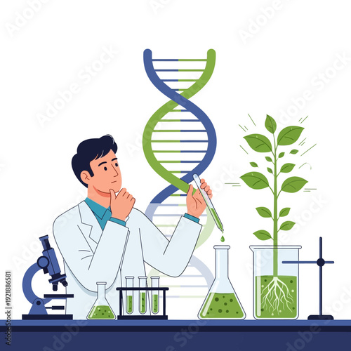 Scientist conducts experiment with DNA and plant growth in laboratory, biotechnology concept