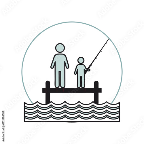 Stick figure father and son fishing on pier over water in circle