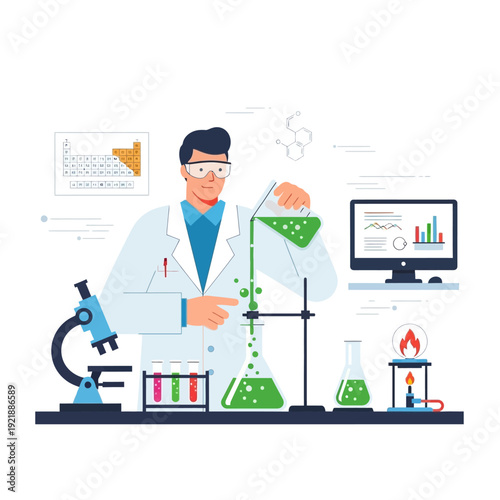 Scientist conducting experiment in laboratory with microscope, beakers, and periodic table