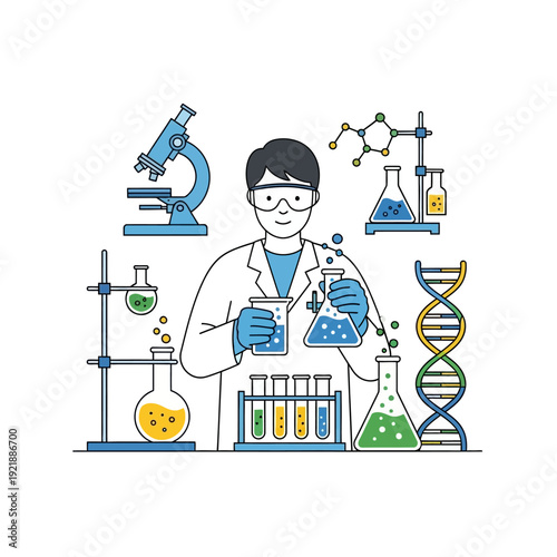 Scientist in lab coat with microscope, DNA, and chemical flasks, conducting experiment