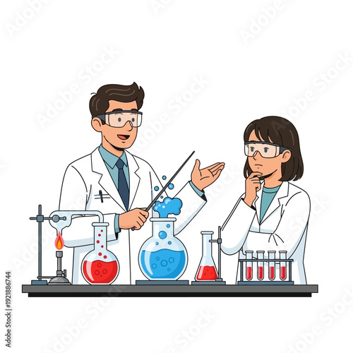 Scientists in lab coats conducting experiment with bubbling blue liquid in flask, science education