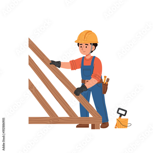 Construction worker installing wooden roof rafters during house construction
