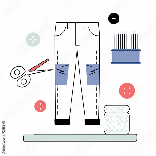 Stylish jeans with patches and sewing tools in modern flat design  