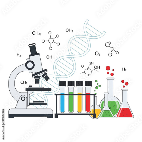 Microscope, DNA, Test Tubes, Flasks, and Chemical Formulas: Science and Research