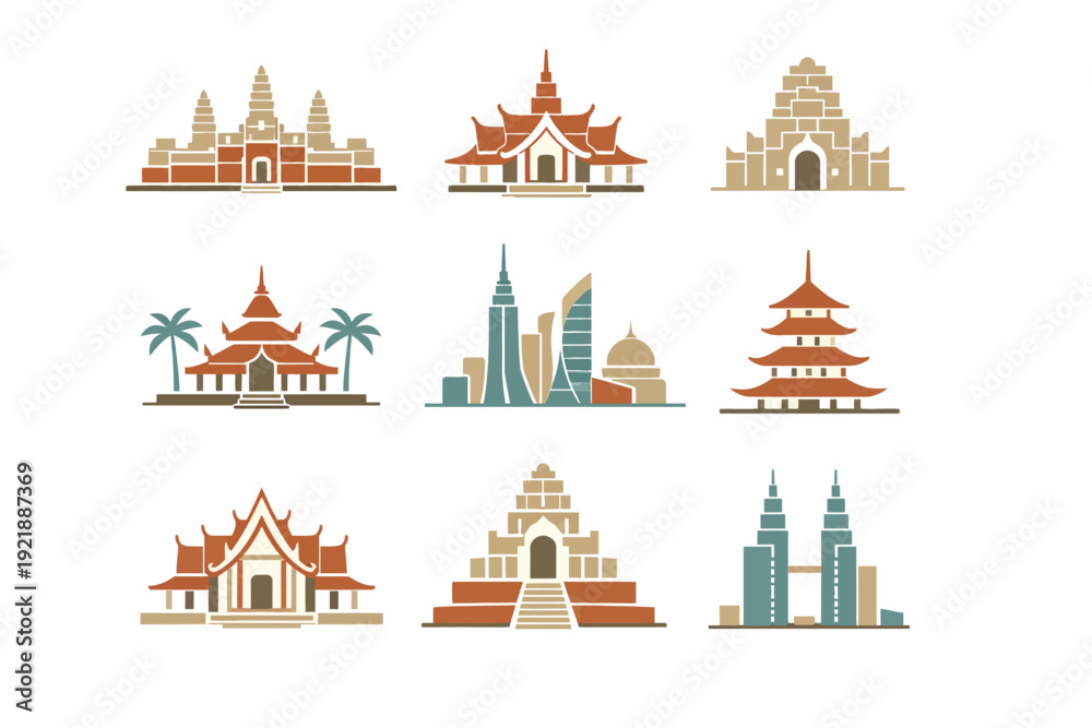 Fototapeta premium Collection of Asian architectural landmarks and modern city skylines presented in a vector illustration format