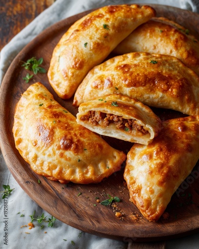 Traditional golden baked empanadas arranged on a wooden platter, with one empanada cut in half to reveal savory filling and garnished with herbs