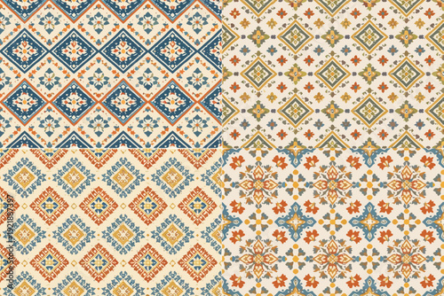 Collection of vibrant ethnic geometric seamless patterns inspired by traditional textile designs for backgrounds