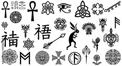 Collection of ancient symbols and cultural icons.