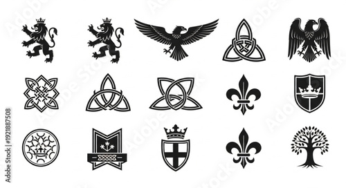 Collection of heraldic symbols and emblems in black and white.