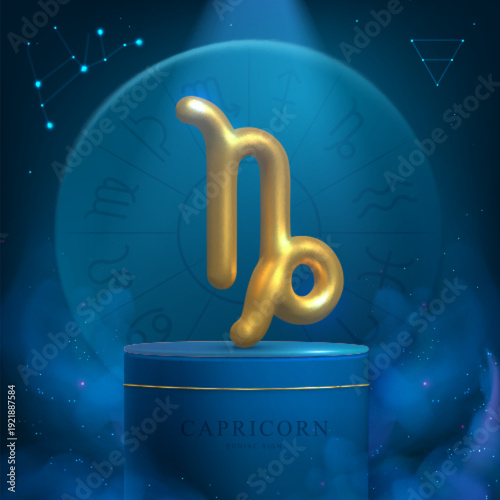 Magic blue showcase background with 3d podium and golden astrology Capricorn zodiac sign. Astrology wheel. Vector illustration