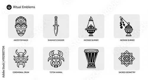 Collection of Ritual Objects and Symbols Icons.