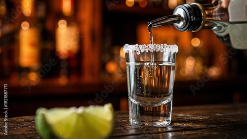Clear tequila pouring into a salt-rimmed shot glass with a fresh lime wedge on a rustic wooden bar, high-quality close-up.