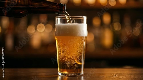 Golden lager beer pouring from a bottle into a glass with thick foam head, blurry bar background, cold refreshment.