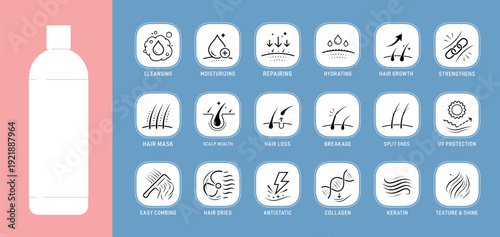Hair health and shampoo set icons. The outline icons are well scalable and editable. Contrasting elements are good for different backgrounds. EPS10.	