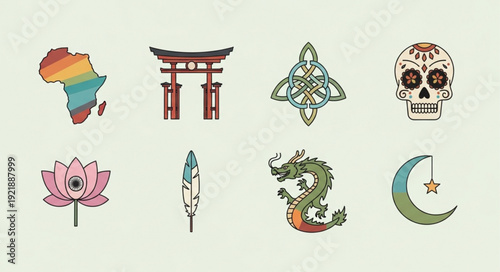 Collection of diverse cultural symbols and icons.