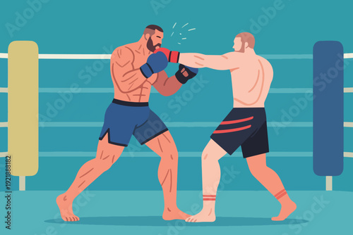 Illustration Of Two Male Boxers Exchanging Powerful Punches In A Match, In The Ring, Covered In Sweat Vector Design Template