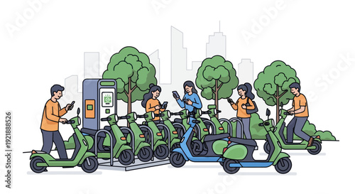 People Using Shared Electric Scooters in Urban Park