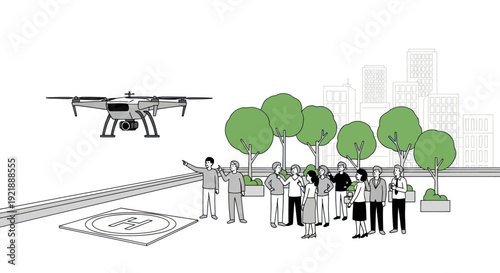 Drone Flying Over Crowd in Urban Park, Technology and People Interaction