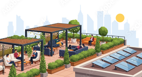 Rooftop Oasis: People Relaxing in Green Space with Solar Panels and Cityscape