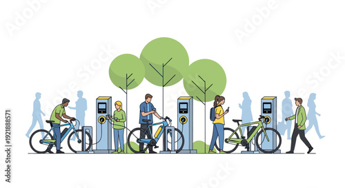 People Charging Electric Bikes at Outdoor Station with Green Trees and Silhouettes