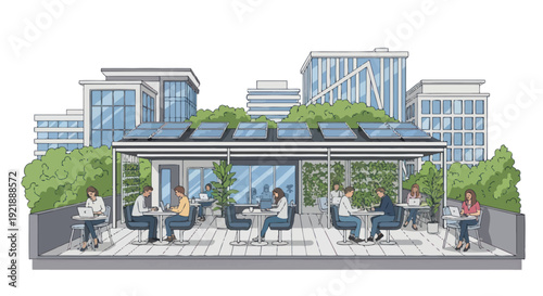 Modern Rooftop Office with Greenery and Solar Panels - People Working Outdoors in City