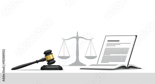 A wooden judge's gavel rests on its round block next to an open legal book, with a grayscale scale of justice positioned in the background.