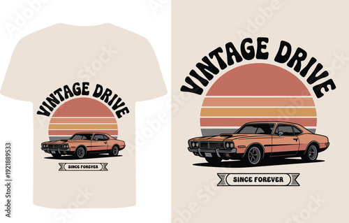 Vintage drive graphic displayed on a cream colored t shirt mockup