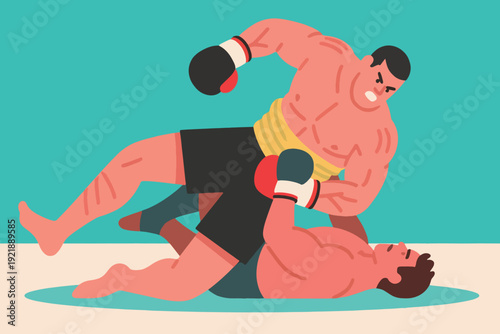 Illustration Of A Wrestler Taking Down His Opponent, In A Wrestling Match Vector Design Template