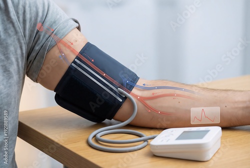 Blood pressure cuff on arm with futuristic vermillion cardiovascular flow mapping overlay showing arterial pathways, revelatory composite for cardiology visuals.