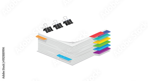 A stack of white papers bound with black binder clips on top, with multiple colorful sticky tabs protruding from the side.