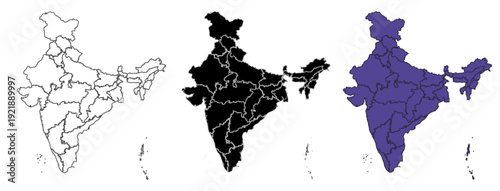 Set of vector maps of India with prefecture boundaries in three styles.