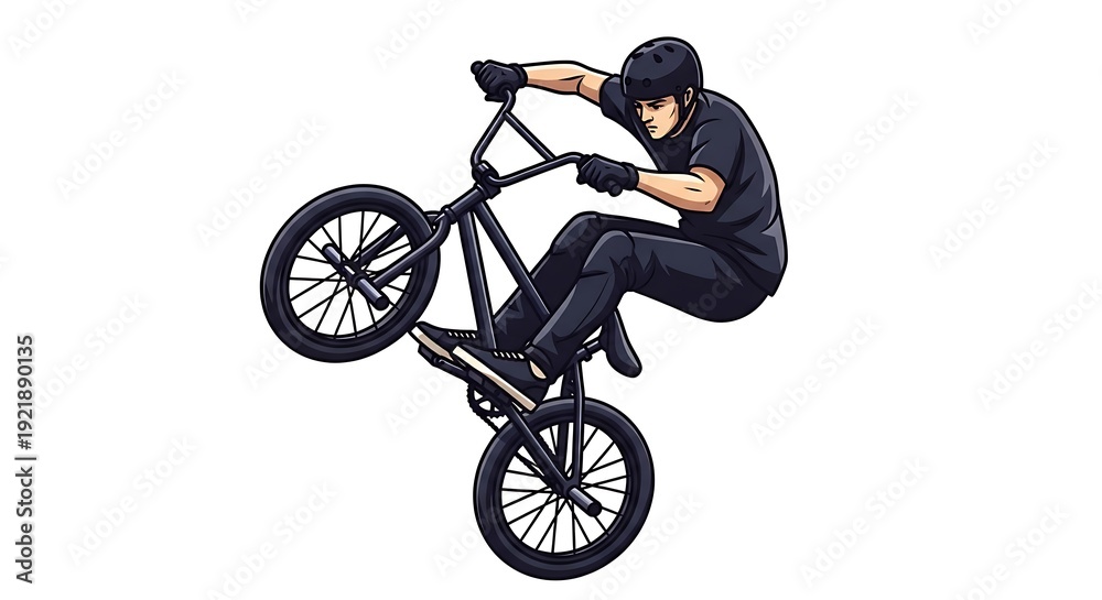 Naklejka premium Graphic of a person in dark attire balancing a BMX bike on one wheel, executing a trick