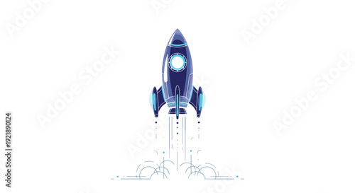 A sleek blue rocket ship launches vertically upwards, leaving a trail of blue glowing lines and dots, creating a digital smoke effect.