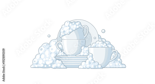A stack of white ceramic plates and coffee cups heavily covered in thick foamy white and light blue soap suds with bubbles.